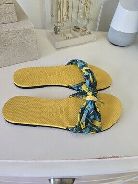 Havaianas Yellow Slide Sandals with Tropical Print Knot Strap